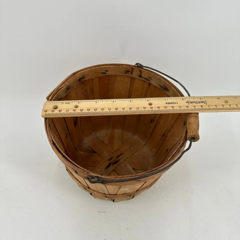 Vintage Wooden Slat Bushel Basket with Wire Handle Rustic Farmhouse Decor